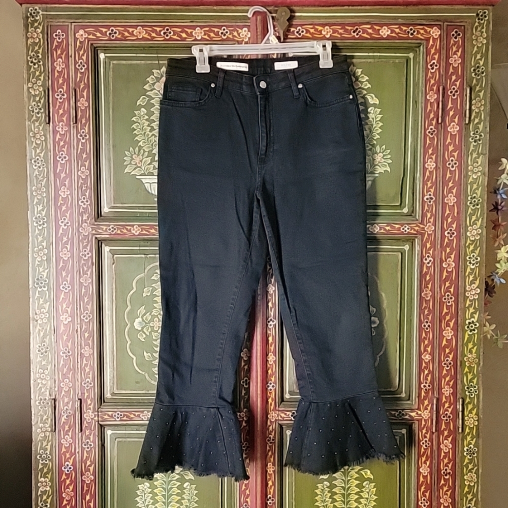 Pilcro and the Letterpress Anthropologie Black mid-rise studded Flare Jeans